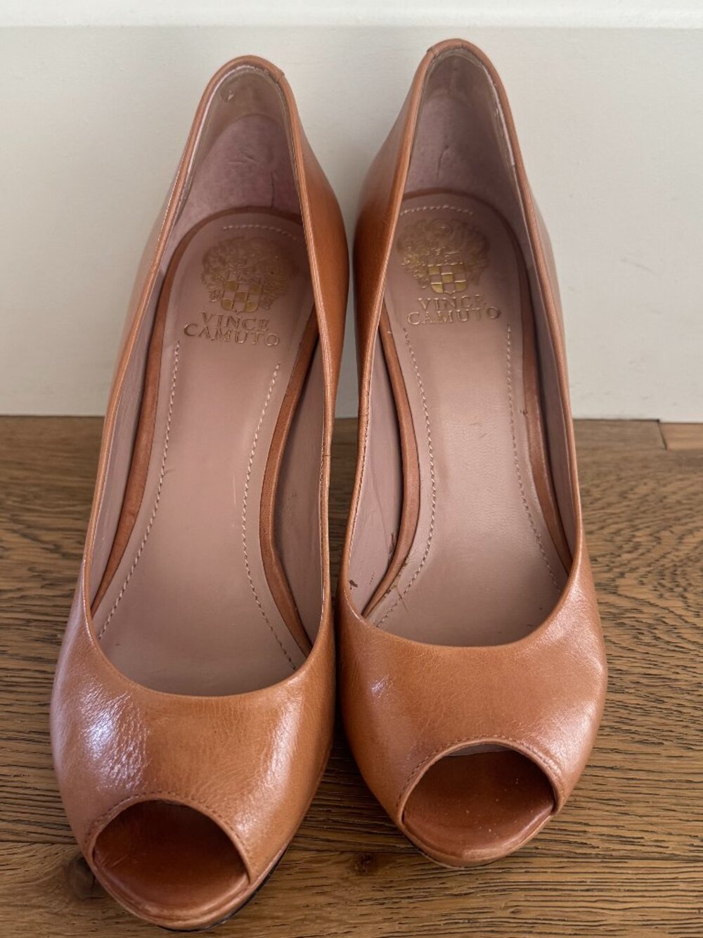 Vince Camuto tan leather platform heel with peep toe, size 8 1/2 B